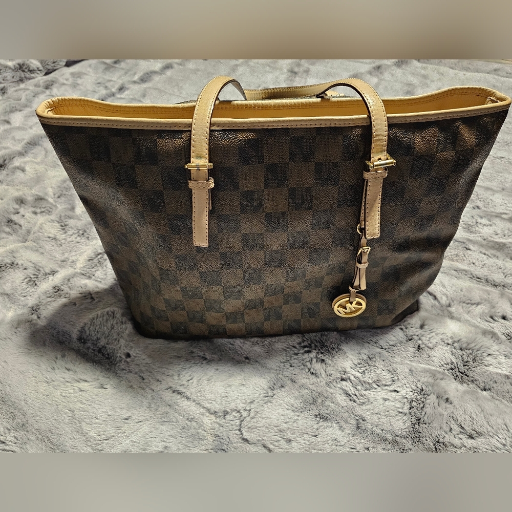 Michael Kors Brown Checkered Tote Bag Mk Large tote purse